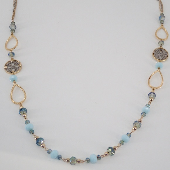 Gold & Silver Tone Aquamarine & Blue Beaded Chain Necklace Classic Work Wear 32" - Picture 6 of 9